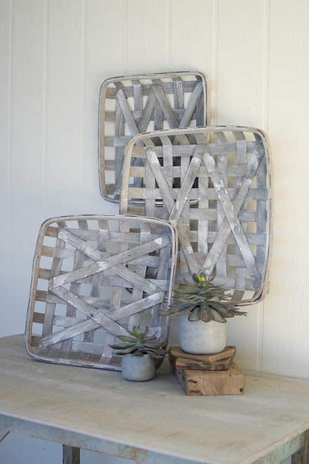 Grey Wash Square Woven Split Wood Basket