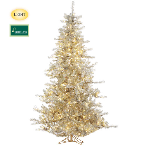 7.5'H Tinsel Tree With LEDS Lights, Platinum