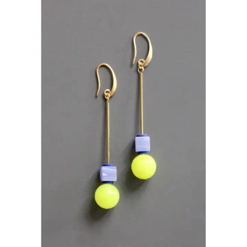 Geometric Lavender and Neon Yellow Drop Earrings