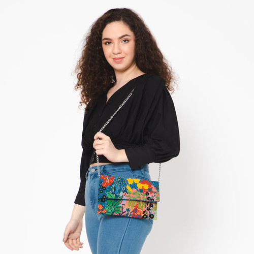 Festive Floral Embroidered Clutch, Blue Multi