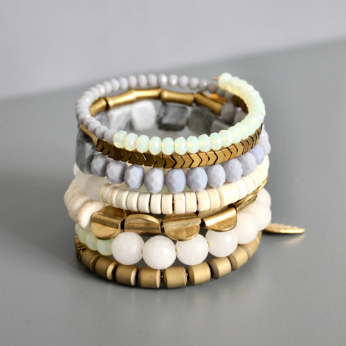 Gray, white, and brass wrap bracelet