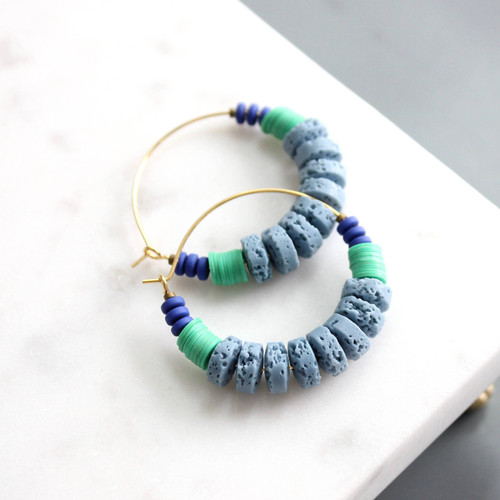 Lava bead and vulcanite hoop earrings