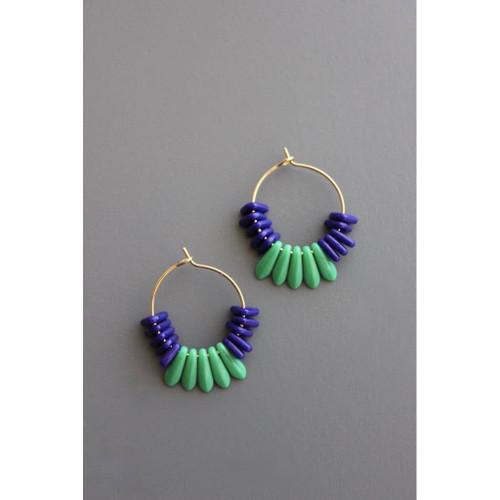 Green and navy blue glass hoop earrings