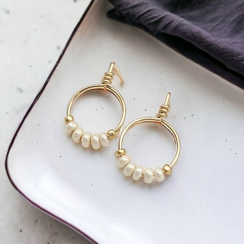 Gold & Pearl Beaded Hoop Stud Earrings