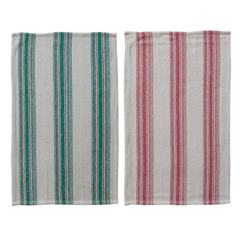 Woven Cotton Tea Towel, Green/White Stripes