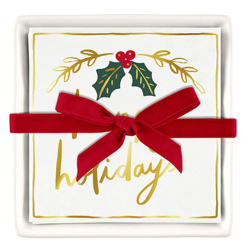 Ceramic Napkin Tray + Napkins - Happy Holidays Ceramic Napkin Tray + Napkins - Happy Holidays