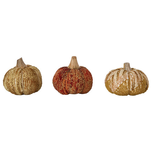 4" Handmade Cotton, Fabric Chenille & Mango Wood Pumpkin
