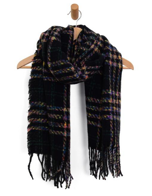 Black Prismatic Plaid Fringe Scarf