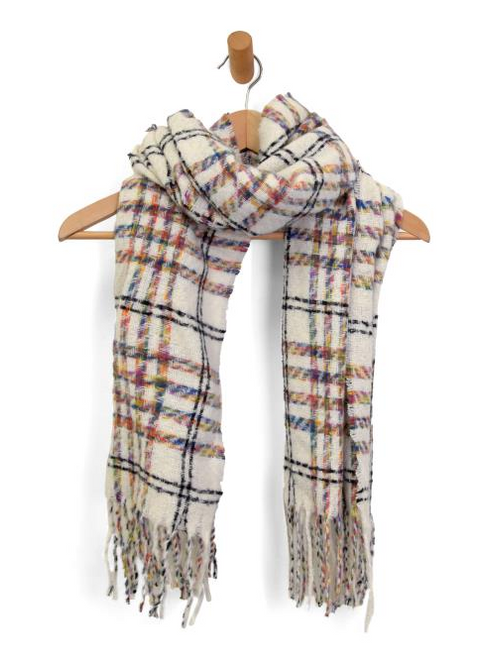 Snow Prismatic Plaid Fringe Scarf