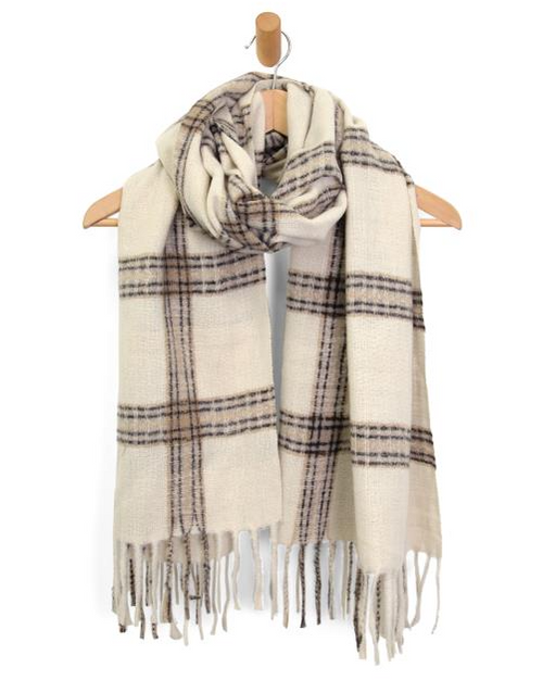 Ivory Soft Plaid Fringe Scarf