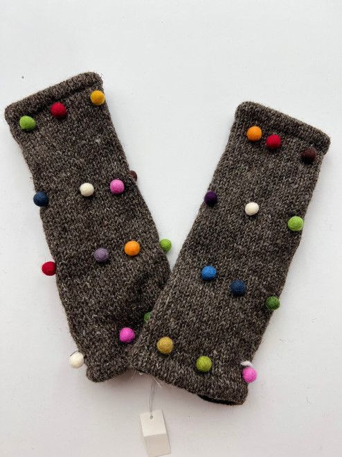 Natural Brown Woolen Pum Pum Fingerless Gloves