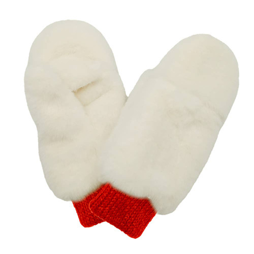Solid Faux Fur Mitten Gloves, Ivory/Red