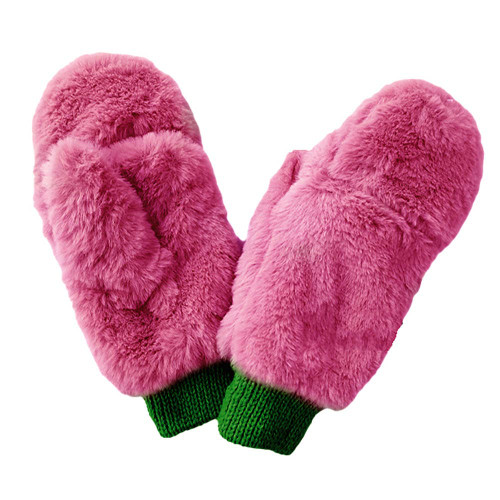 Solid Faux Fur Mitten Gloves, Pink/Green