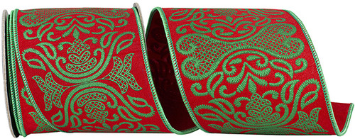 Regal Filigree Printed Christmas Dupioni Wired Edge Ribbon, Red/green