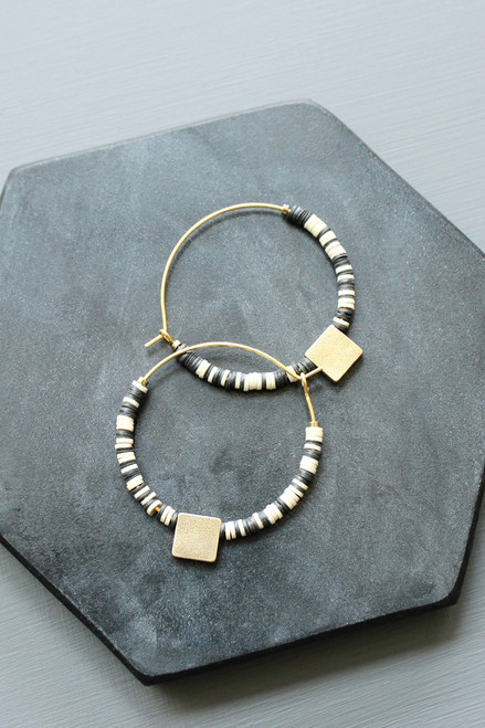 Black and White Vulcanite Hoop Earrings