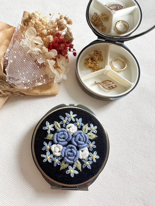 Floral Embroidered Round Jewelry Box With Mirror, Blue Roses