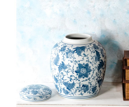 9.4" Blue Floral Porcelain Jar