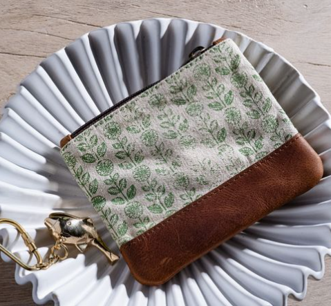 5" Green Floral Canvas Zip Pouch