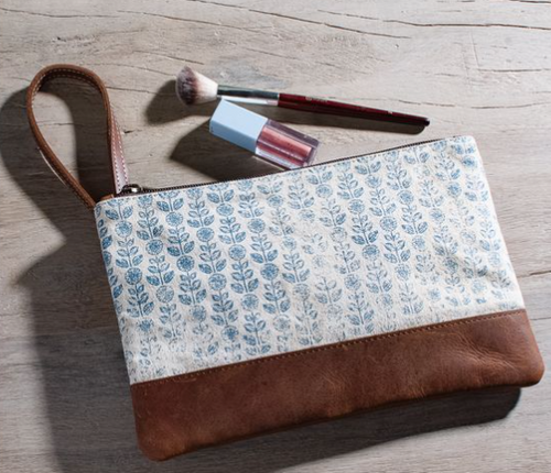 10" Blue Floral Canvas Zip Pouch