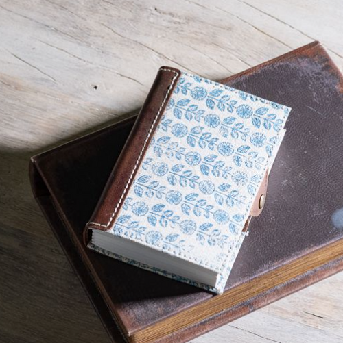 5.5" Blue Floral Canvas Leather Journal