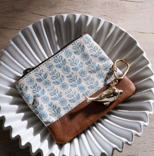 5" Blue Floral Canvas Zip Pouch