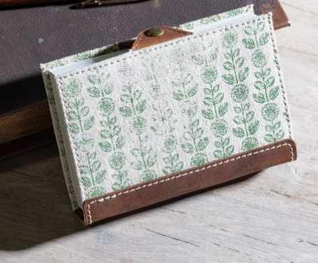 5.5" Green Floral Canvas Leather Journal