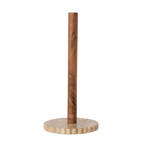 Wood Paper Towel Holder with Scalloped Tavertine Base