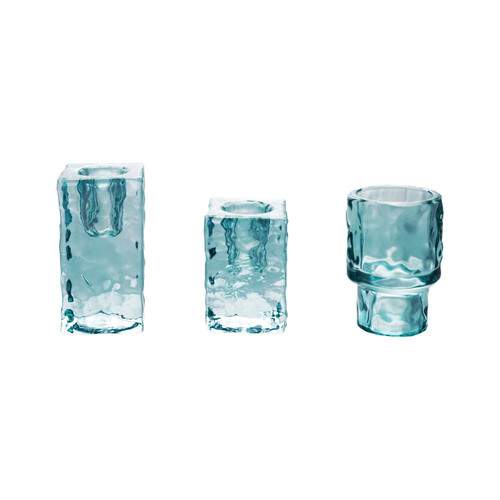 Blue Hammered Glass Taper Holders, Set of 3