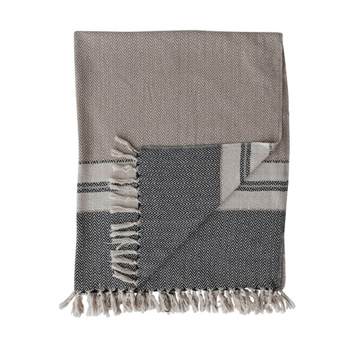 Woven Recycled Cotton Striped Throw with Fringe, Beige/Grey