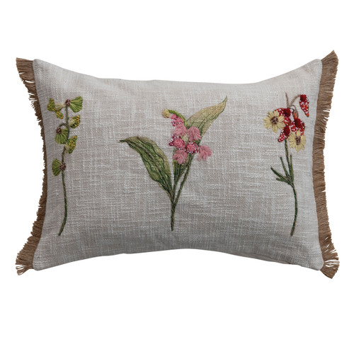 Cotton Lumbar Embroidered Pillow, Botanicals