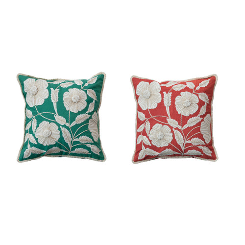 18" Square Embroidered Cotton Pillow
