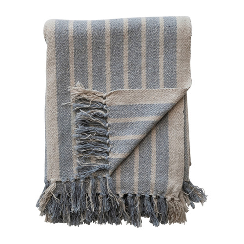 Woven Cotton Throw with Stripes & Fringe, Blue