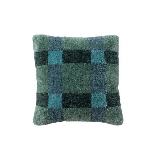 20" Square Plaid Tufted Indoor/Outdoor Pillow, Blue & Green