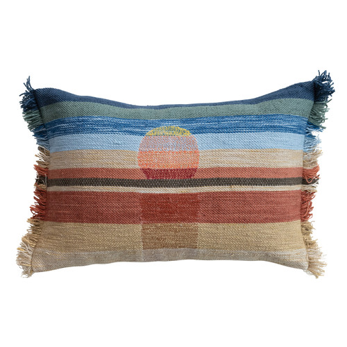 Woven Indoor/Outdoor Lumbar Pillow, Embroidered with Fringe