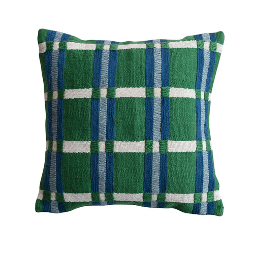 18" Square Woven Indoor/Outdoor Plaid Pillow with Embroidery