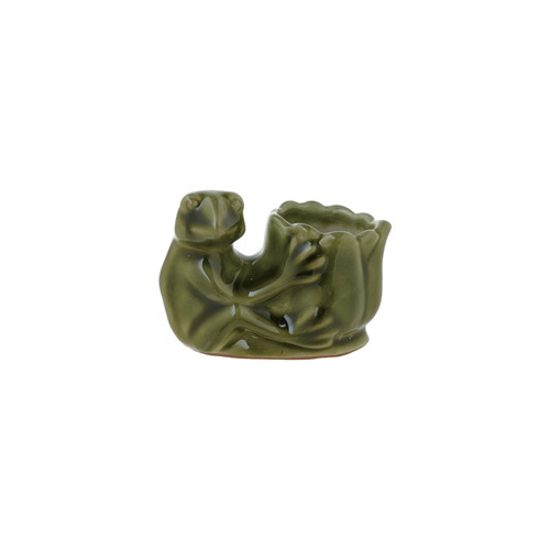 Stoneware Frog Holding Flower Shaped Vase, Green