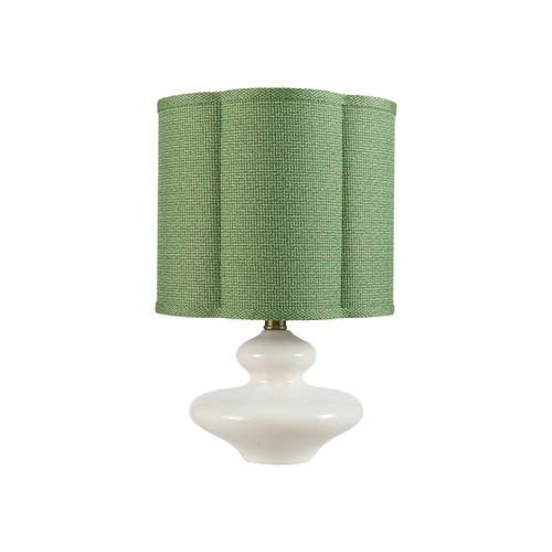 White Stoneware Table Lamp with Scalloped Green Fabric Shade