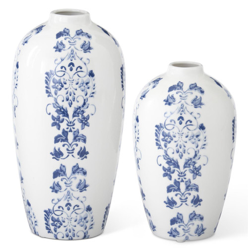 Blue & White Floral Striped Ceramic Vase