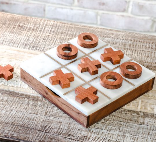 9.5" Marble & Wood Tic Tac Toe Box