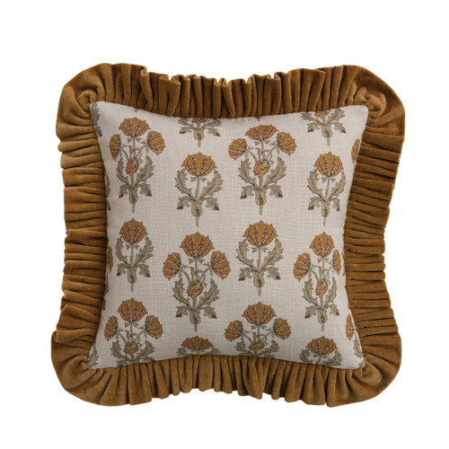 18" Square Slub Pillow with Velvet Ruffle