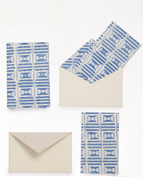 Striped Circles Blockprint Notecards in Blue, Set of 8