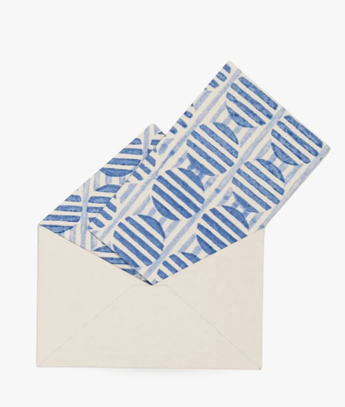 Striped Circles Blockprint Notecards in Blue, Set of 8