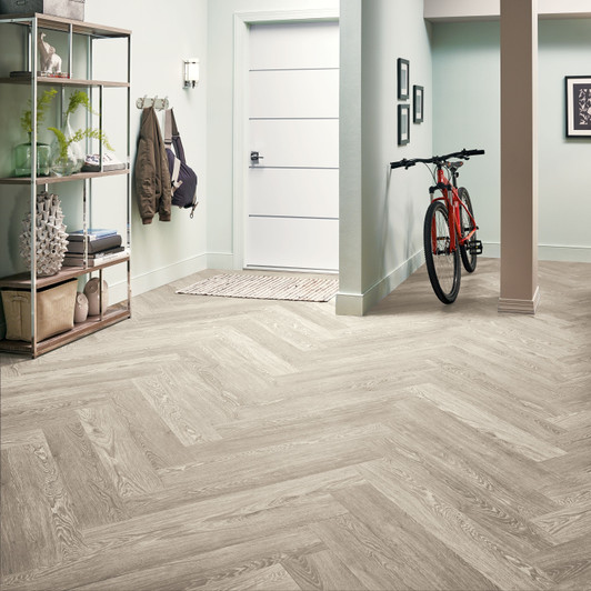 Armstrong American Charm 6 6" Luxury Vinyl Plank Linen Breeze Room Scene Chevron Installation Style