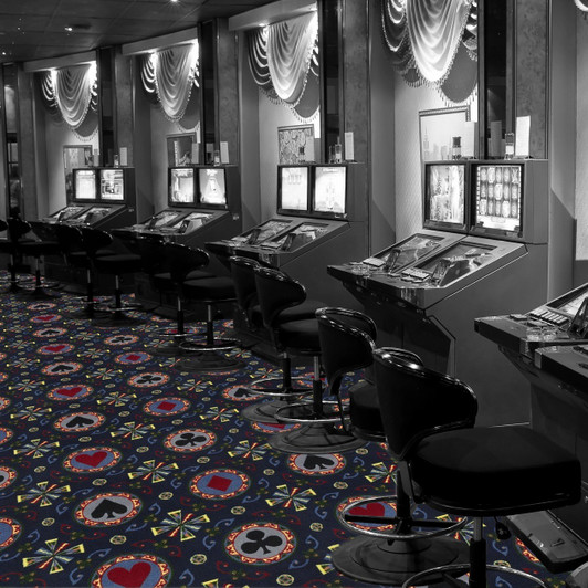 Joy Carpets Games People Play Stacked Deck 26 oz. 59126 Commercial Broadloom Carpet Navy Room Scene