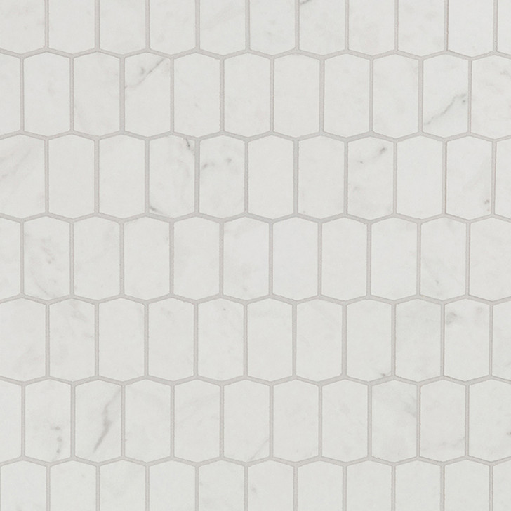 Walker Zanger Cava Bianco Hive 12" x 13" Elongated Hexagon Porcelain Mosaic Tile Carrara Installed