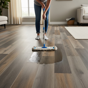 Person mopping a wood floor in a living room, pushing a flat mop over a wet patch on the surface