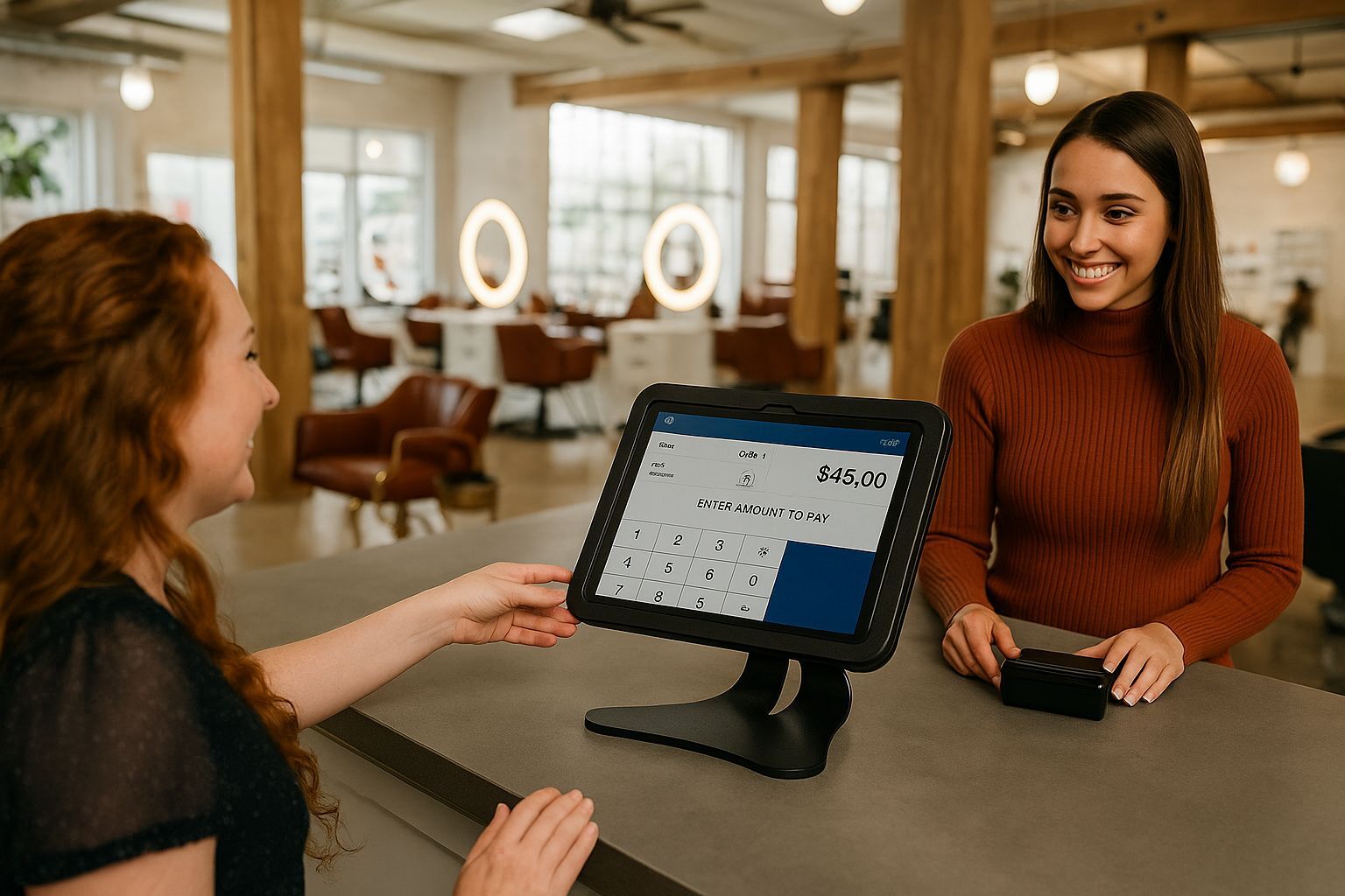 Two women using EnCloz iPad POS stand at salon checkout counter