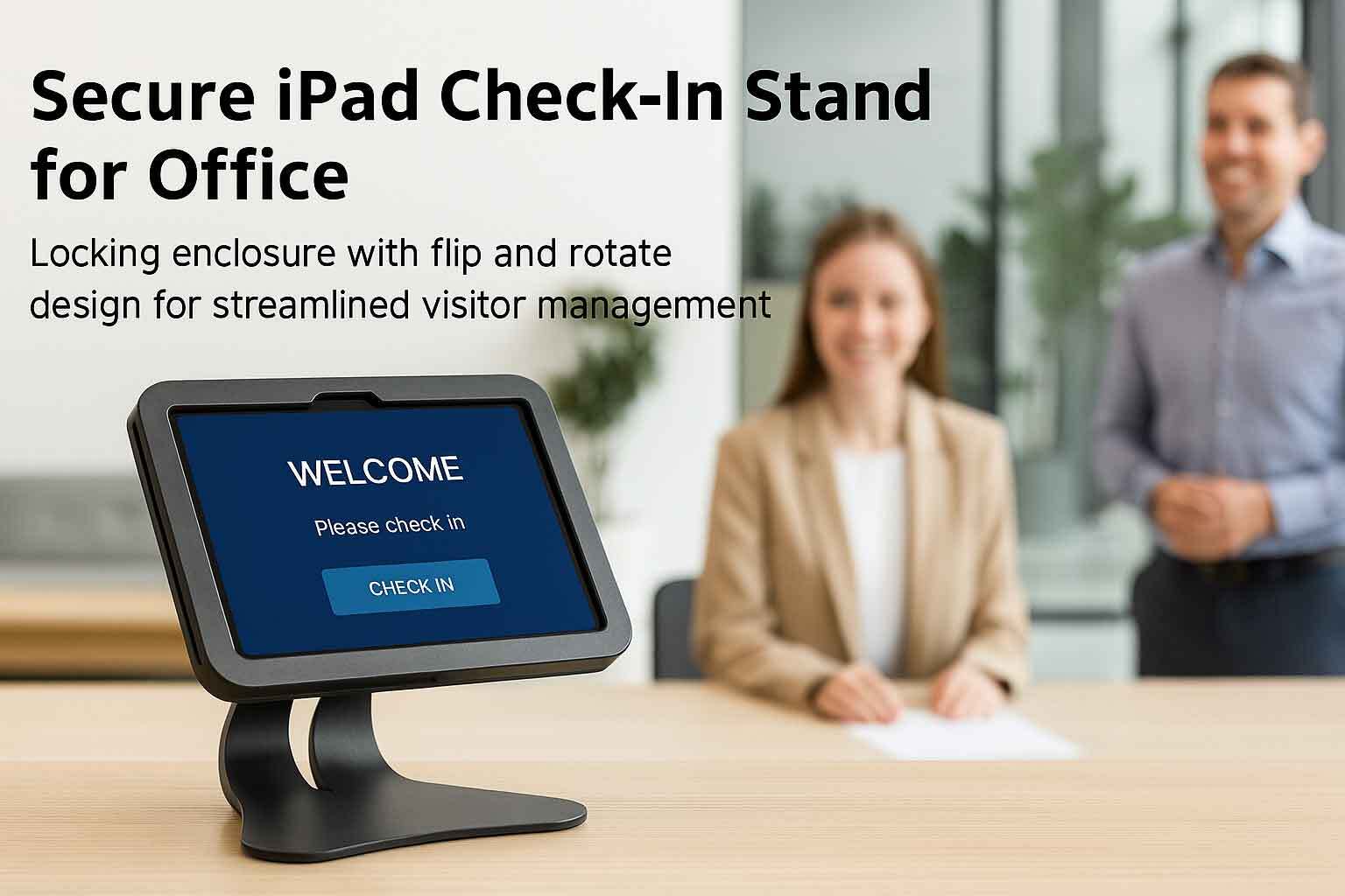 Office guest checking in at front desk using secure EnCloz iPad stand with flip and rotate feature