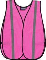 Carton Qty 1. Non-ANSI Pink vest. 100% polyester tricot. Durable elastic side straps. Great for women at work, visitor identification, benefit walks or promotional events. One size fits most.