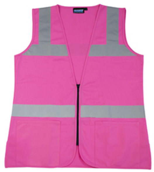 Ctn Qty 1. Pink female fitted vest. 100% polyester tricot. Zipper front closure. 2 exterior waist pockets. S - 3X Ctn Qty 1. Pink female fitted vest. 100% polyester tricot. Zipper front closure. 2 exterior waist pockets. S - 3X